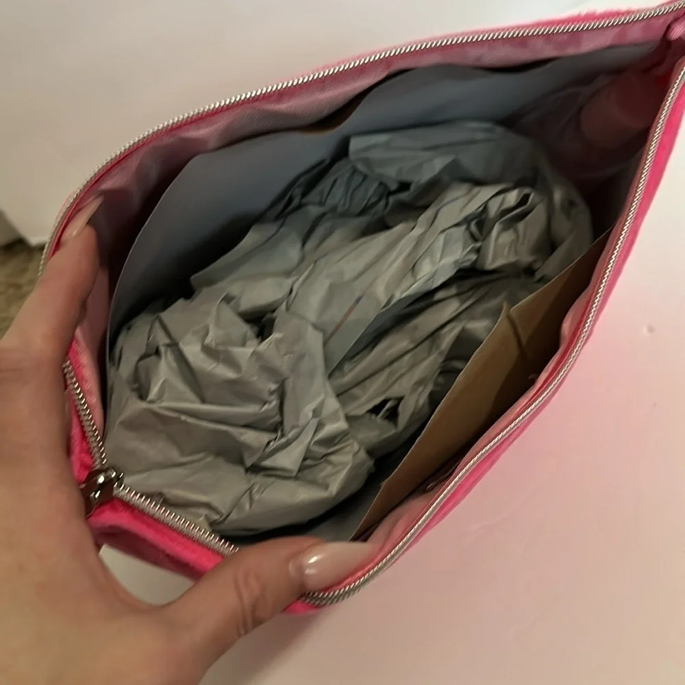 Juicy Couture Women's Cosmetics Bag - Travel Makeup bag Wedge Pouch pink velvet